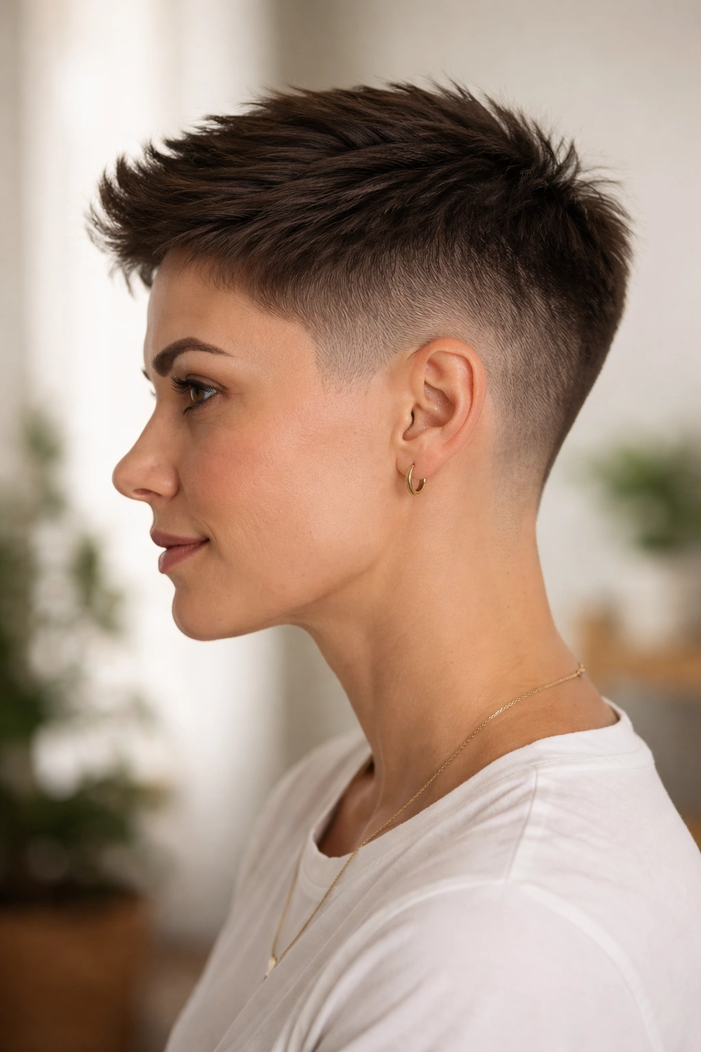 Side profile of a cropped fade showing short sides and longer top.