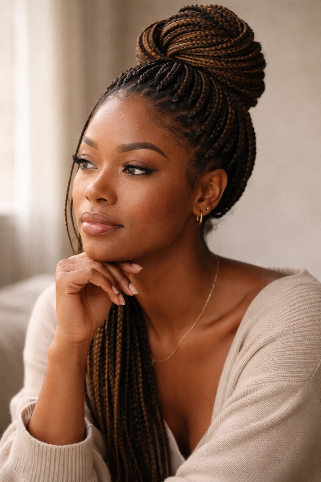 Contemplative portrait of a person with braided hair