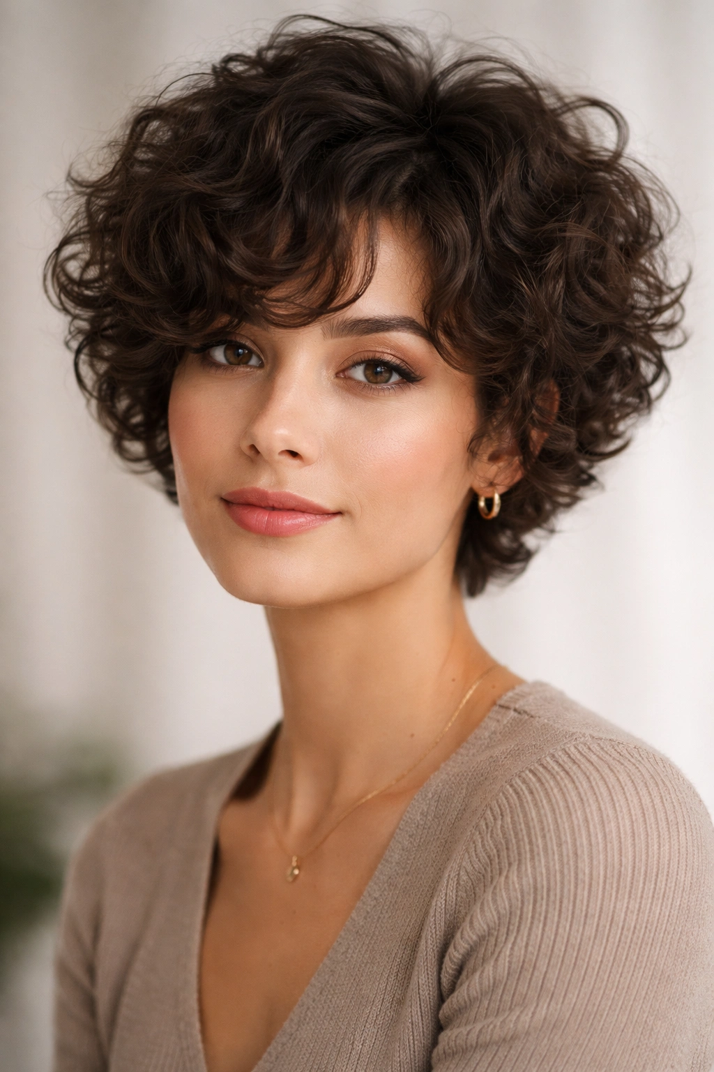 Rounded curly pixie with integrated layers and soft silhouette