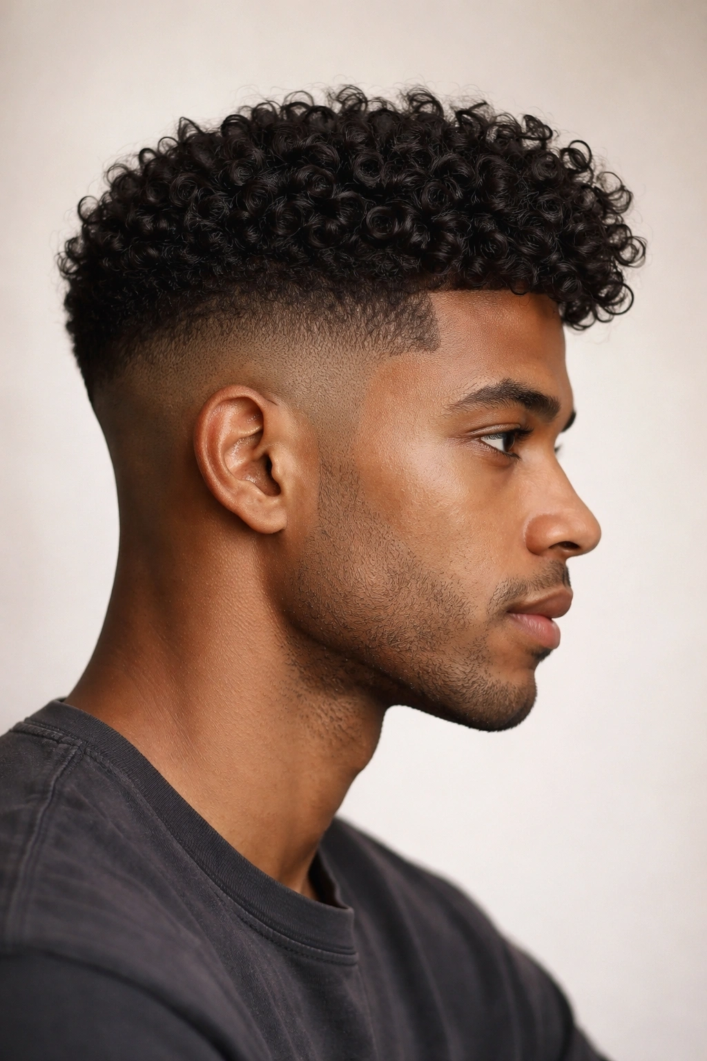 Close-up side profile with a crisp taper fade and textured crown of curls