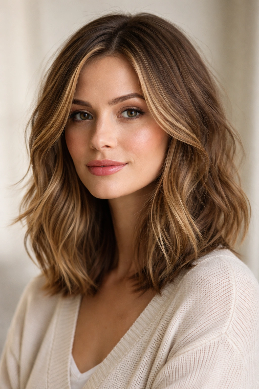 Portrait of a person with a textured long bob featuring cheekbone-height horizontal layers